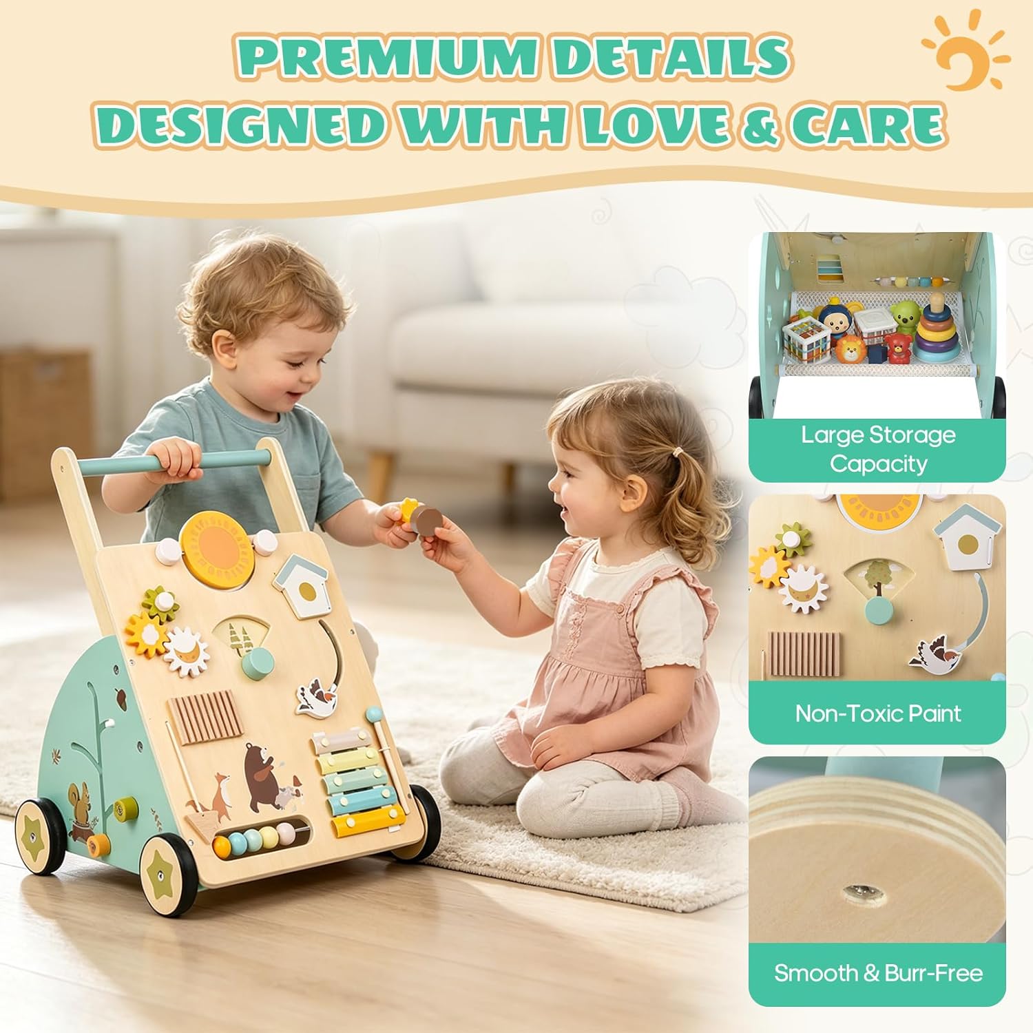 Brownroot Wooden Baby Walker with 9-in-1 Activity Center, Woodland Themed Montessori Toddler Push Toy with Xylophone, Counting Beads & Shape Sorter, Early Educational Learning Toy for 1+ Year Old