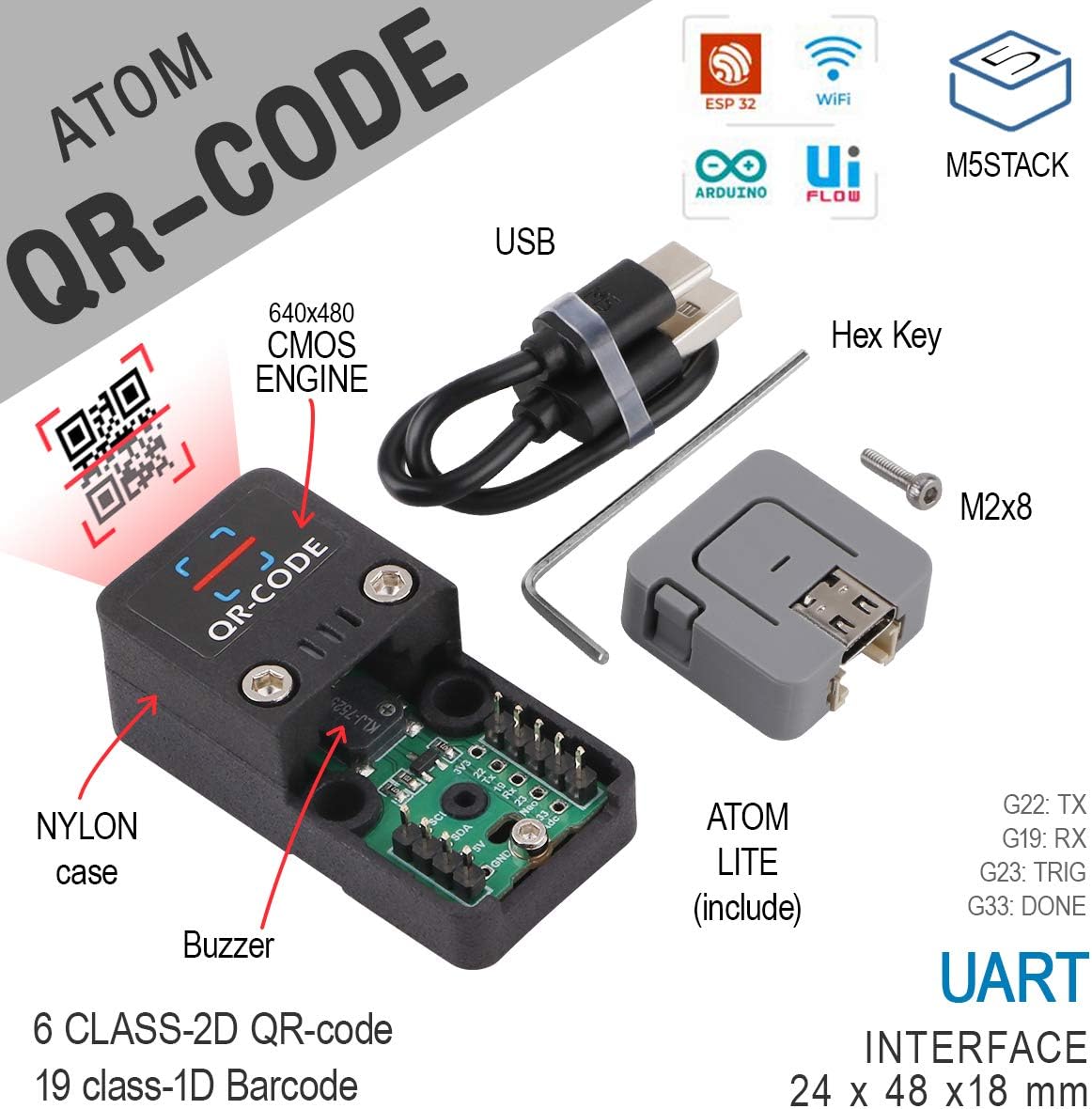 Barcode Scanner Kit Bluetooth QR Code USB 2D 1D Scanner Module Built-in LED UART/TTL Communication Support ESP32 WiFi