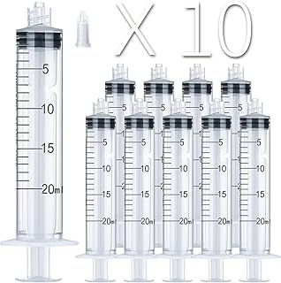 10 Pack 20ml/cc Plastic Luer Lock Syringe Large Syringes without Needle, Individually Wrapped, with Tip Cap for Scientific Labs and Measuring Liquids, Dispensing, Oil or Glue Applicator