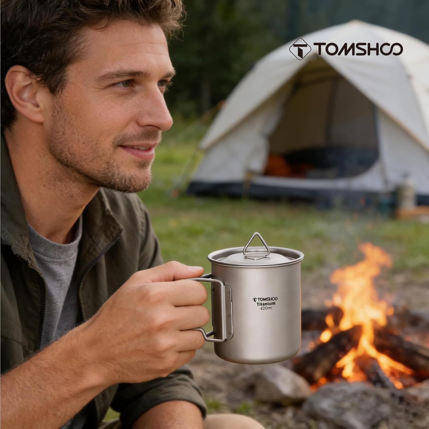 TOMSHOO 420ml Camping Titanium Pot Outdoor Titanium Mug with Lid Camping Coffee Cup with Foldable Handle for Camping Hiking Travelling Backpacking