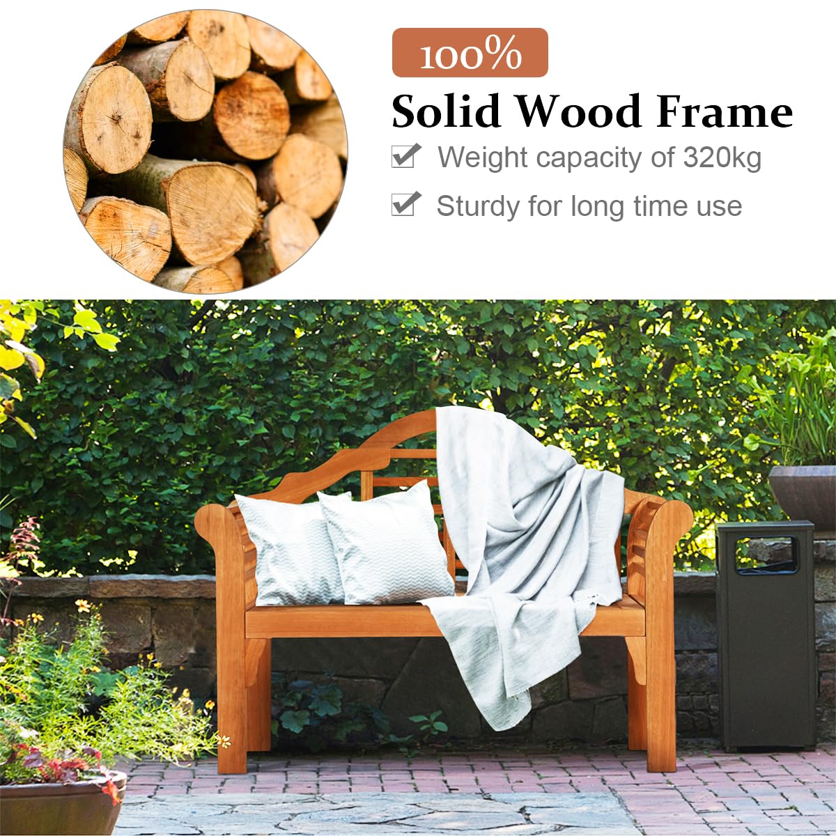 Meuble Jardin Durable Banc De Jardin MR. DEKO Newport En Teck Massif - 2 Places 130x57x86cm - Résistant Aux Intempéries - Design Élégant Banc Extérieur Teck Massif 2 Places Dossier