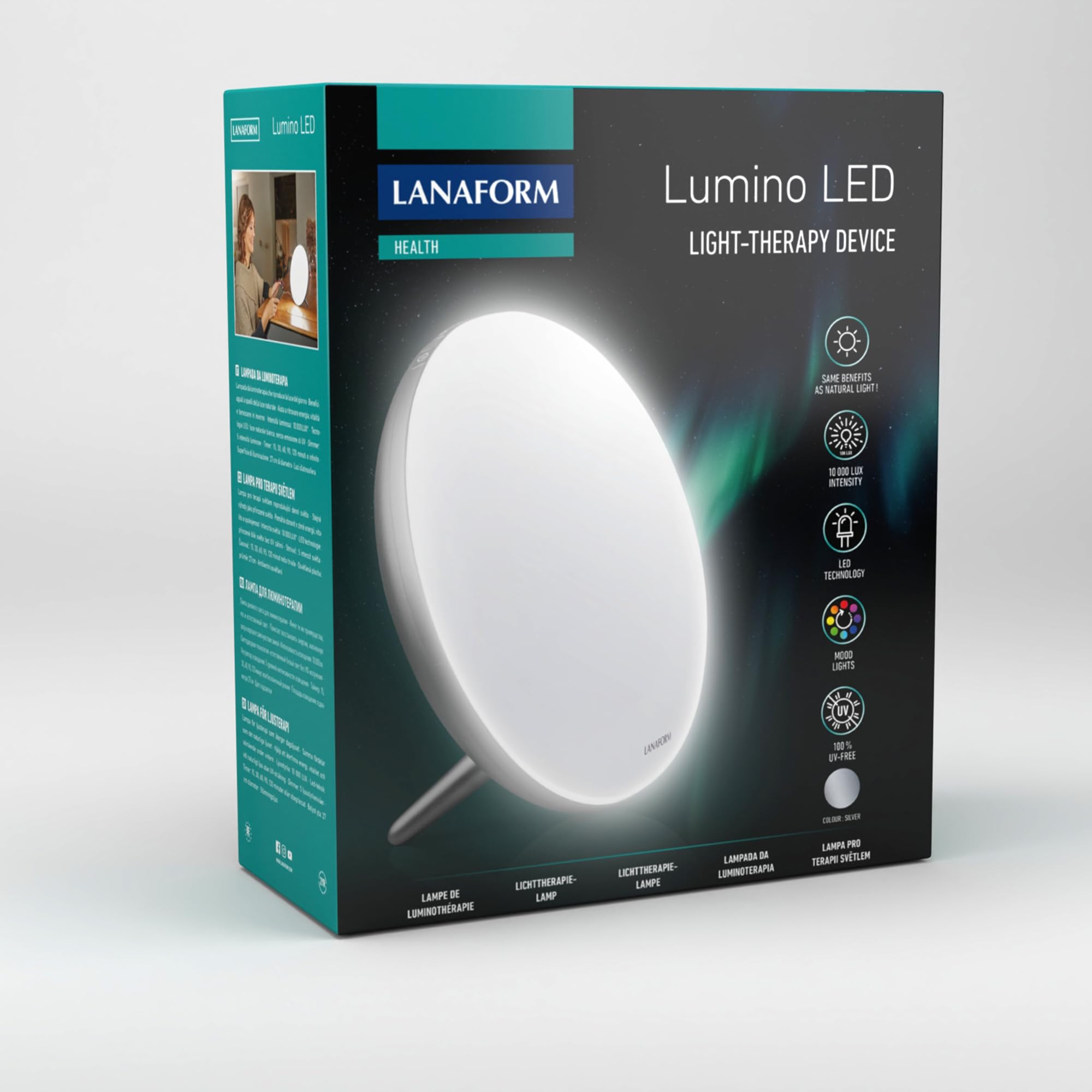 Lanaform Lumino LED Silver - Lámpara De Terapia De Luz - 10000 Lux - CONDUJO - Libre De Rayos UV - 5 Intensidades Ajustables