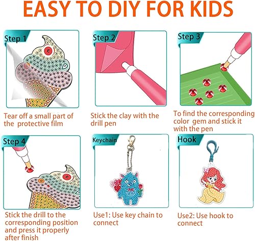 Miniatura 6 de Liccyy - Paquete de 15 llaveros de pintura de diamantes 5D para niños principiantes con todos los accesorios de herramientas, lindo kawaii de