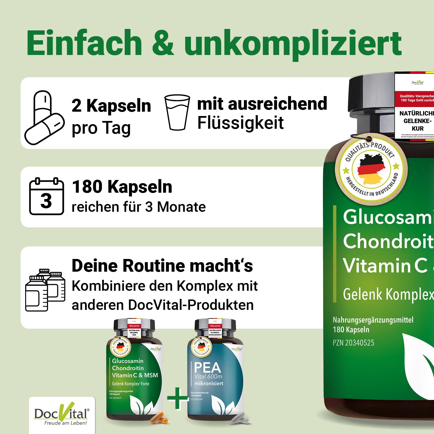 Glucosamin Chondroitin MSM Kapseln hochdosiert [180 Stück] - Gelenkkapseln mit Hyaluronsäure, Vitamin C & Kurkuma - Gelenke & Knorpel - Made in Germany