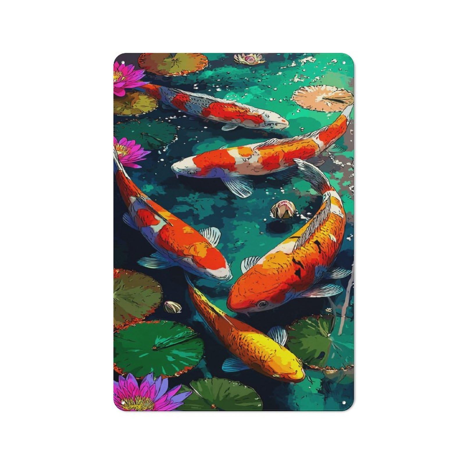 Junmoney Colorful Koi Fish Pond Scene-2 Retro Tin Sign 30X20cm For Dining Room Or Kitchen, Suited To Kitchen Wall Decor Lovers