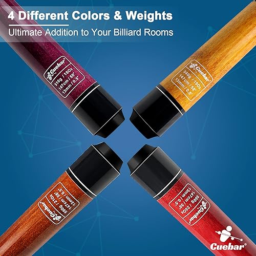 Miniatura 2 de Juego de tacos de billar CUEBAR de 4, palos de 1.47 m de maple de 2 piezas en 4 colores/pesos (18-21 oz) con punta de 13 mm y empuñadura de lino