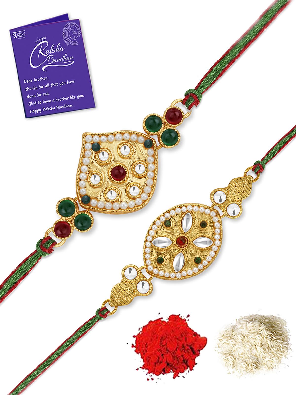 Sukkhi Rakhi Stylish Kundan Rakhi Combo & Designer Gold Plated Premium Rakhi for Brother, Roli Chawal & Greeting Card|Rakhi for Bhaiya|Rakhi for MEN|Kundan Rakhi|Rakhi Combo-Set of 2 |CBRAK105024 (B0C7W323YH) Amazon Price History, Amazon Price Tracker
