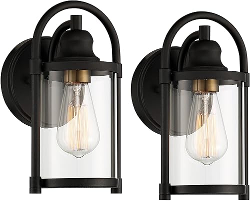 Miniatura 2 de John Timberland Avani - Juego de 2 lámparas de pared modernas para exteriores, latón negro, 10 14 pulgadas, cristal cilíndrico transparente para