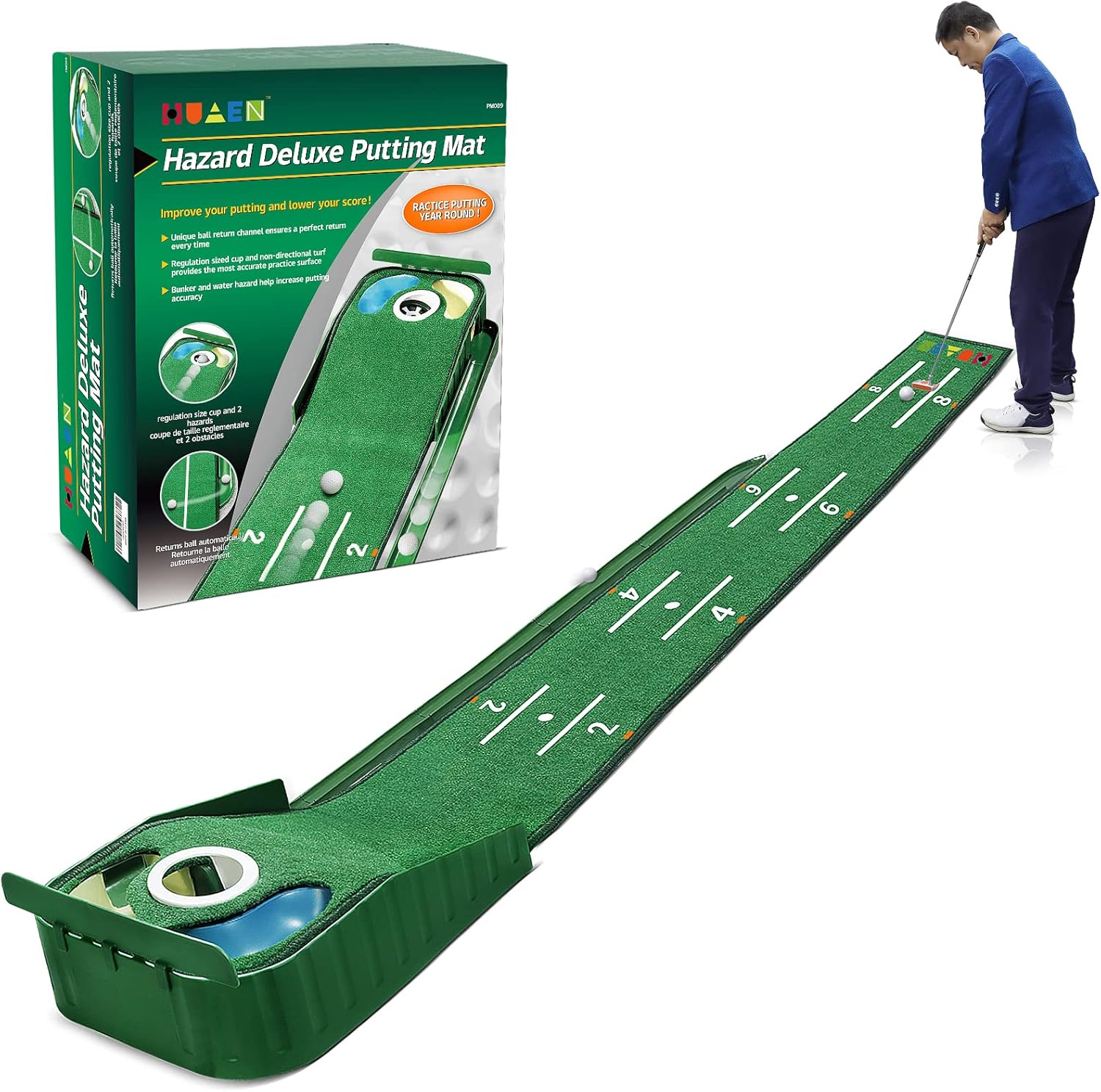 HUAEN Golf Putting Green, Mat for Indoors, Golf Putting Matt with Ball Return and 3