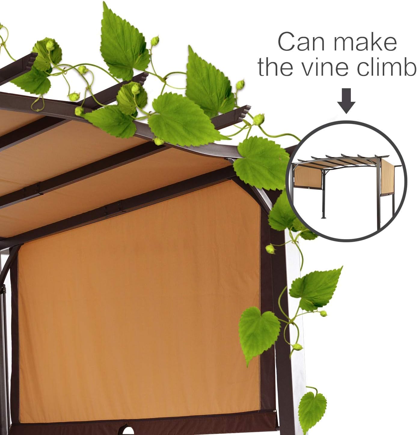 Close-up of the adjustable mechanism for the pergola's retractable canopy, showing the sliding rail and clip.