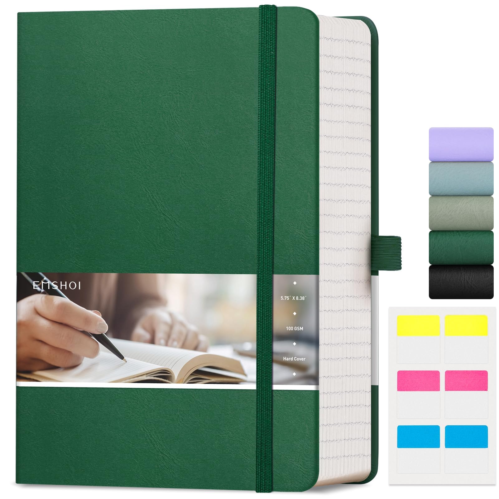 EMSHOI A5 College Ruled Notebook Journal- 400 Pages (200 sheets), 7mm Spacing & Vegan Leather Cover for Work, School, Bible Study, Bullet Journaling- with Sticky Notes, Pocket & Pen Holder- Dark Green