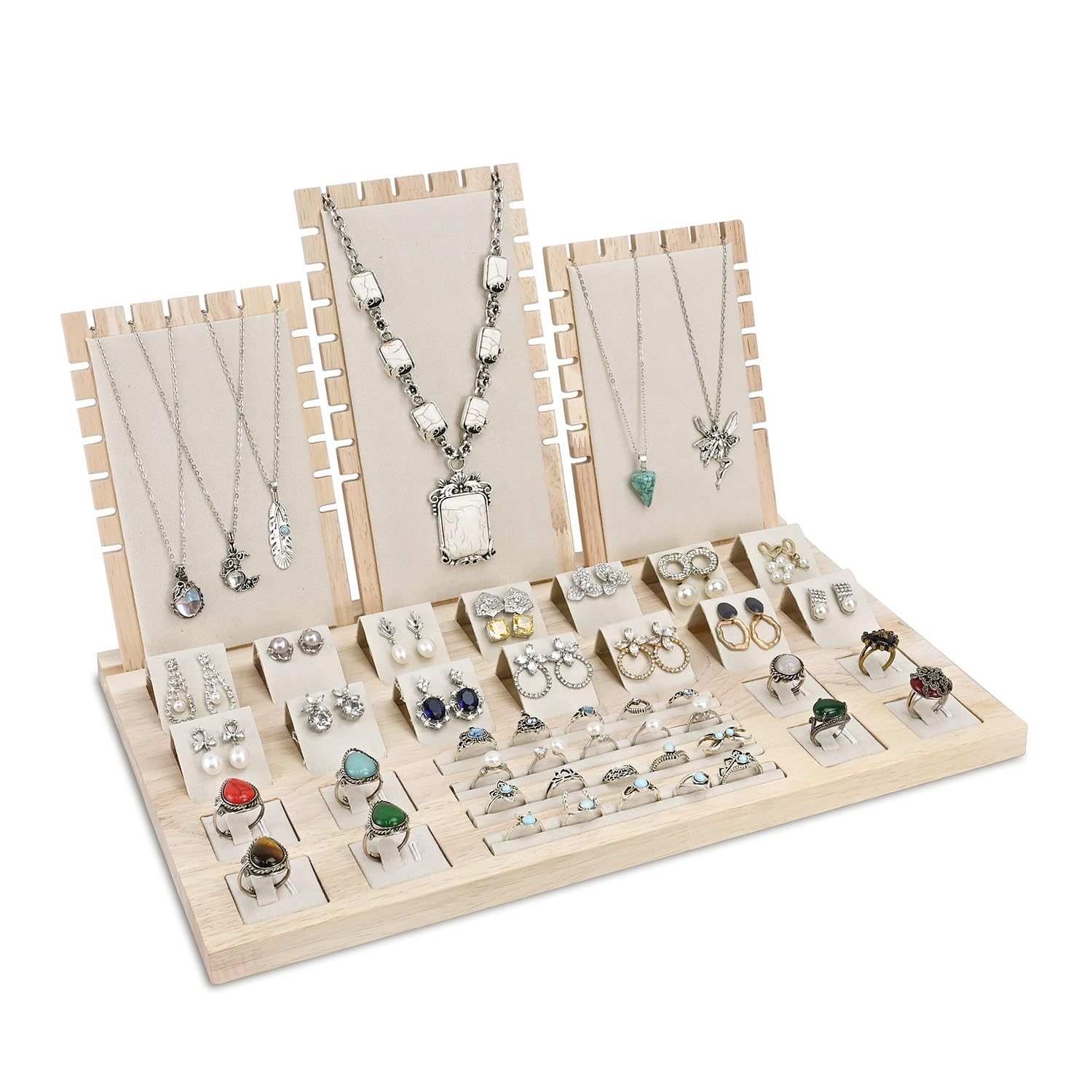 MOOCA Wooden Jewelry Display Stand Set - Versatile, Removable Organizer for Rings, Earrings, Necklaces and Pendants, Beige Suede, 15.3