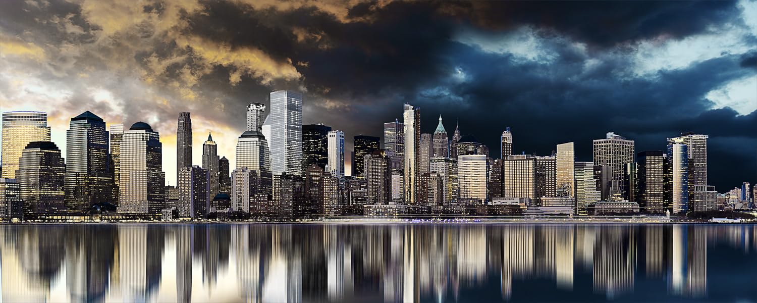 STYLER Obraz na płótnie Golden City 60 x 150 cm I obraz ścienny miasto Skyline ciemne chmury I obrazy salon płótno I dekoracja ścienna dom druk artystyczny I obrazy miasta I różne motywy i rozmiary
