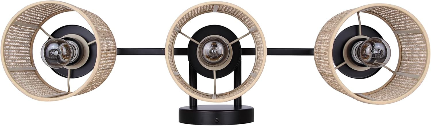 Palmside 3-Light Vanity Light – Modern Boho Coastal Vanity Fixture with Natural Rattan Shades, Black Finish, Easy Connect, Ideal for Bathrooms, Powder Rooms, Dressing Areas