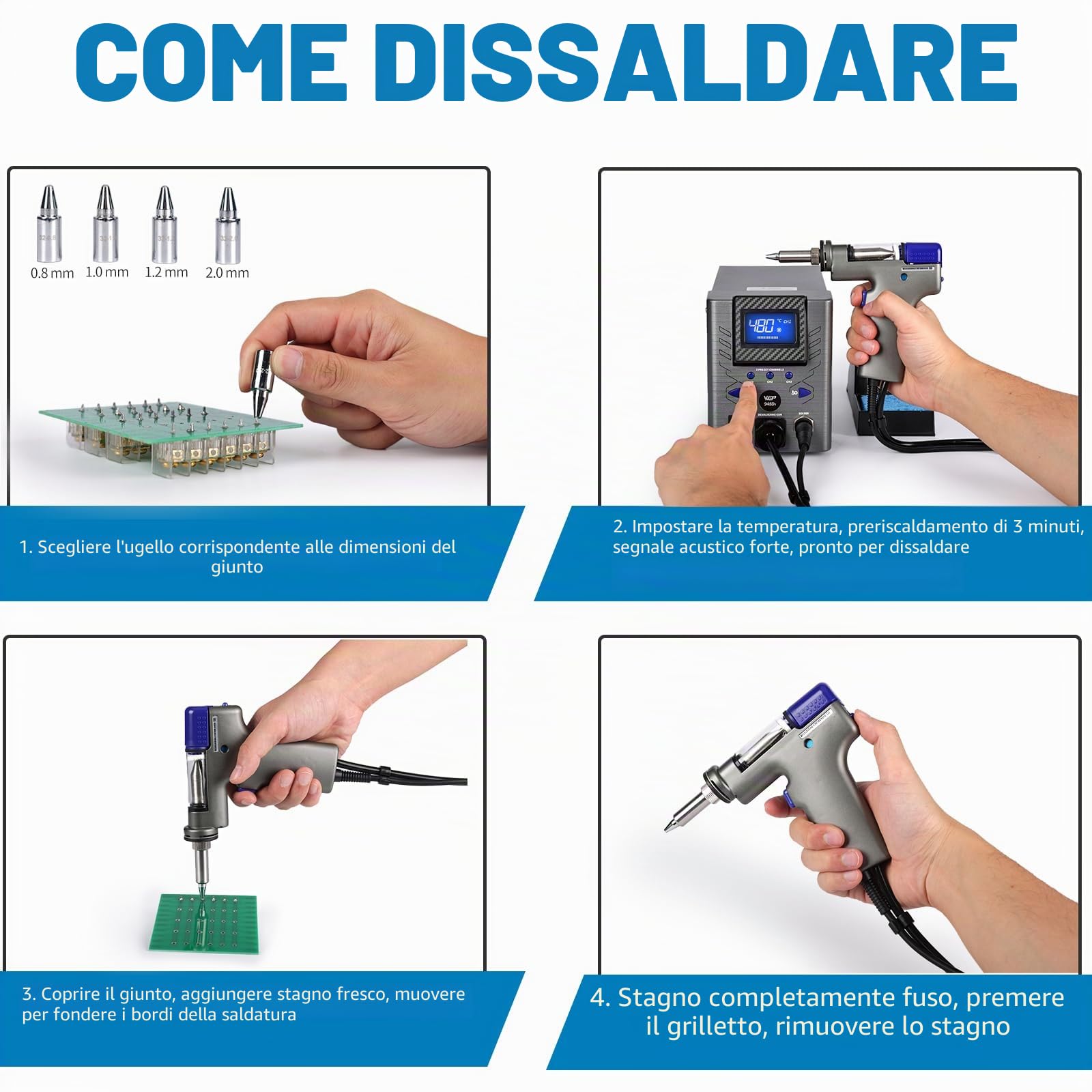 WEP 948D-I Stazione Dissaldante ad alta potenza da 110W con 4 ugelli per dissaldatura, controllo della temperatura con 3 canali preimpostati, display inclinabile, sicura ESD(EU)