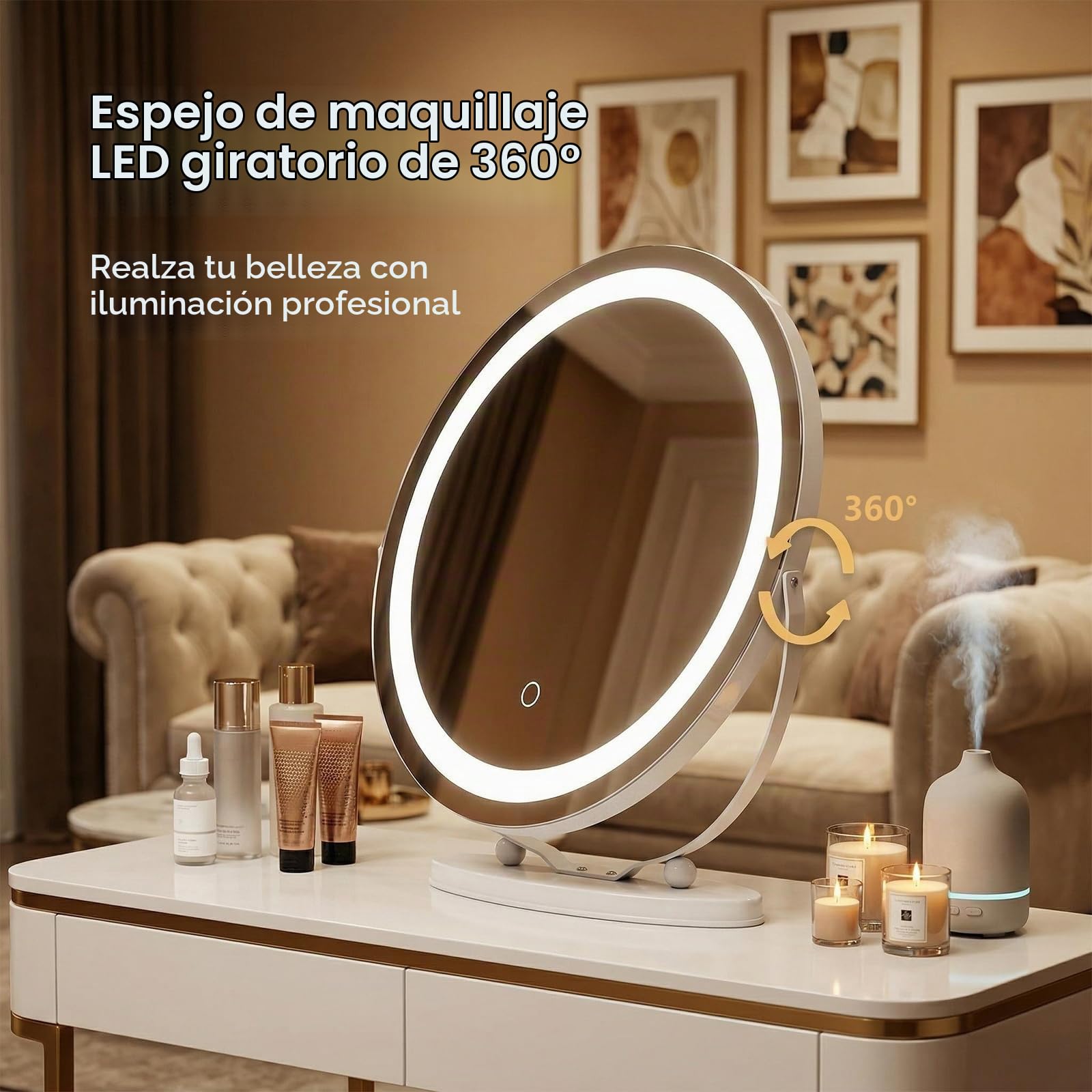 Hollywood Espejo de tocador con Luces,48 cm, Redondo,3 Modos de iluminación, Aumento de 10x, Control táctil,luz Regulable, rotación de 360°,para Dormitorio y vestidor,Blanco