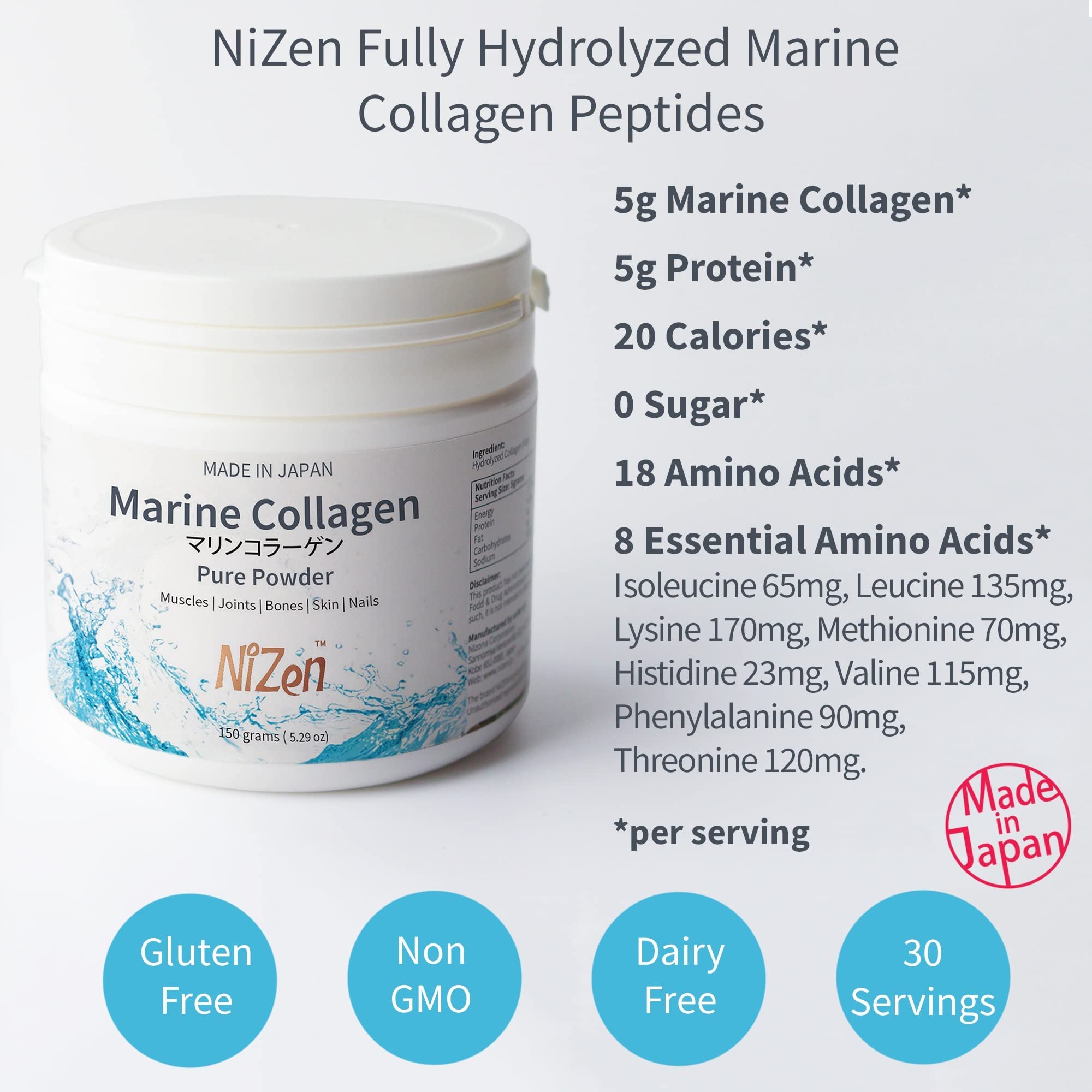 Nizen Marine Collagen Pure Powder, Hydrolyzed Peptides Easy-to-Digest Amino Acids Supplement. Unflavored. Non-Clumping. Made in Japan. 5.29oz — Amazon image 4