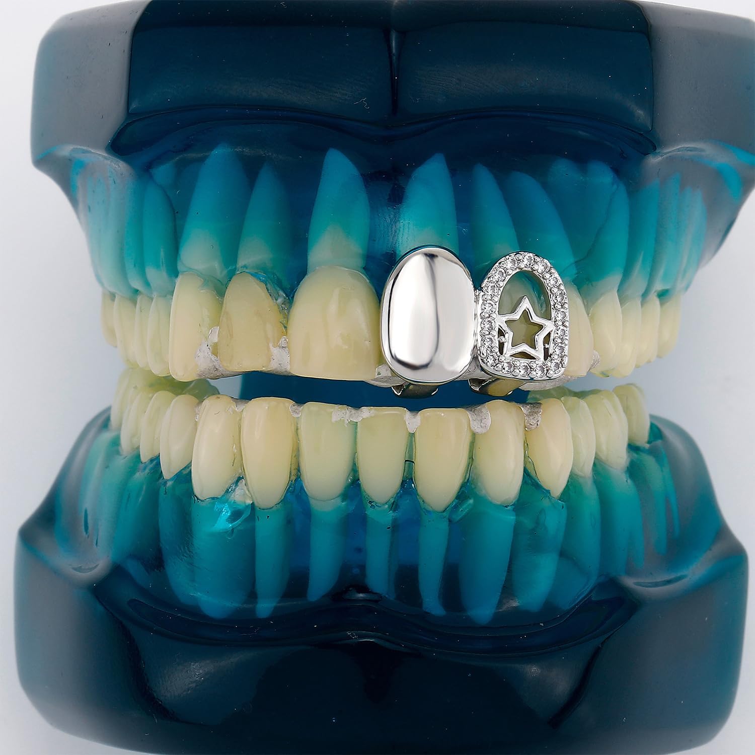 Gold Silver Teeth Grills for Women Grillz Teeth Men Tooth Gems Cap Hollow Crystal Mouth Grills Tooth Jewelry for Hip Hop Single Grillz with Molding Bar Rapper Outfits Costume Accessory Gothic Cosplay Halloween Party