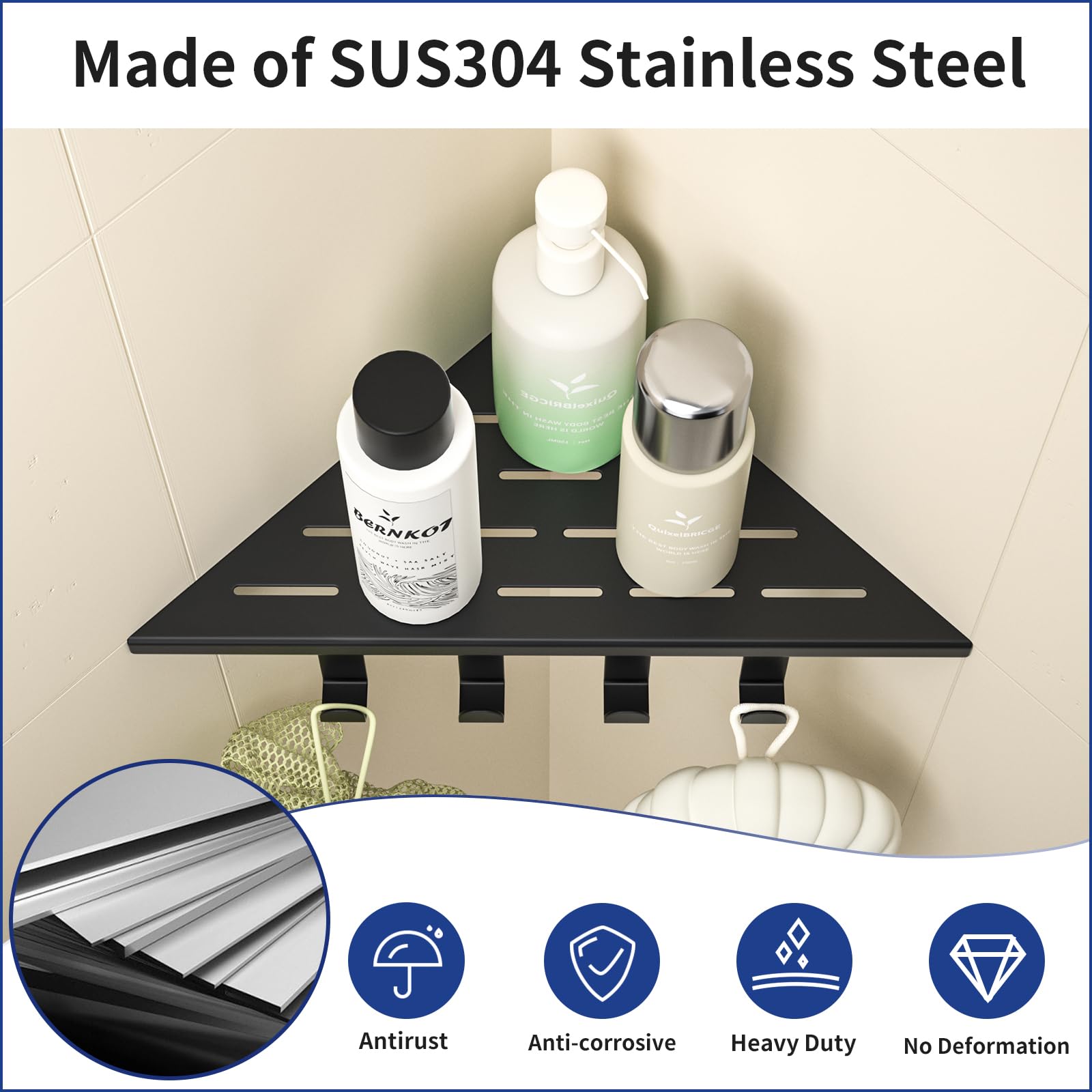 Mensola angolare da doccia in acciaio inox 304 con 4 ganci e foro per supporto per rasoio