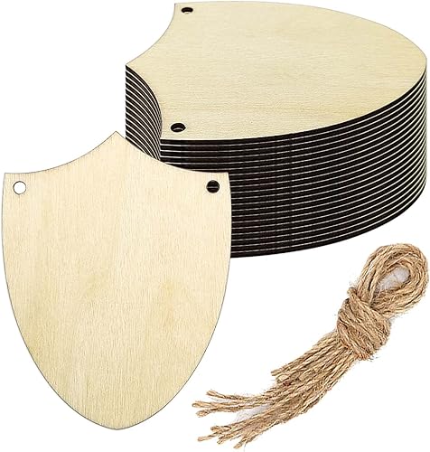 20 piezas de escudo de madera DIY recortes de madera en blanco con forma de escudo colgante con JuteTwines etiquetas de madera para decoración de