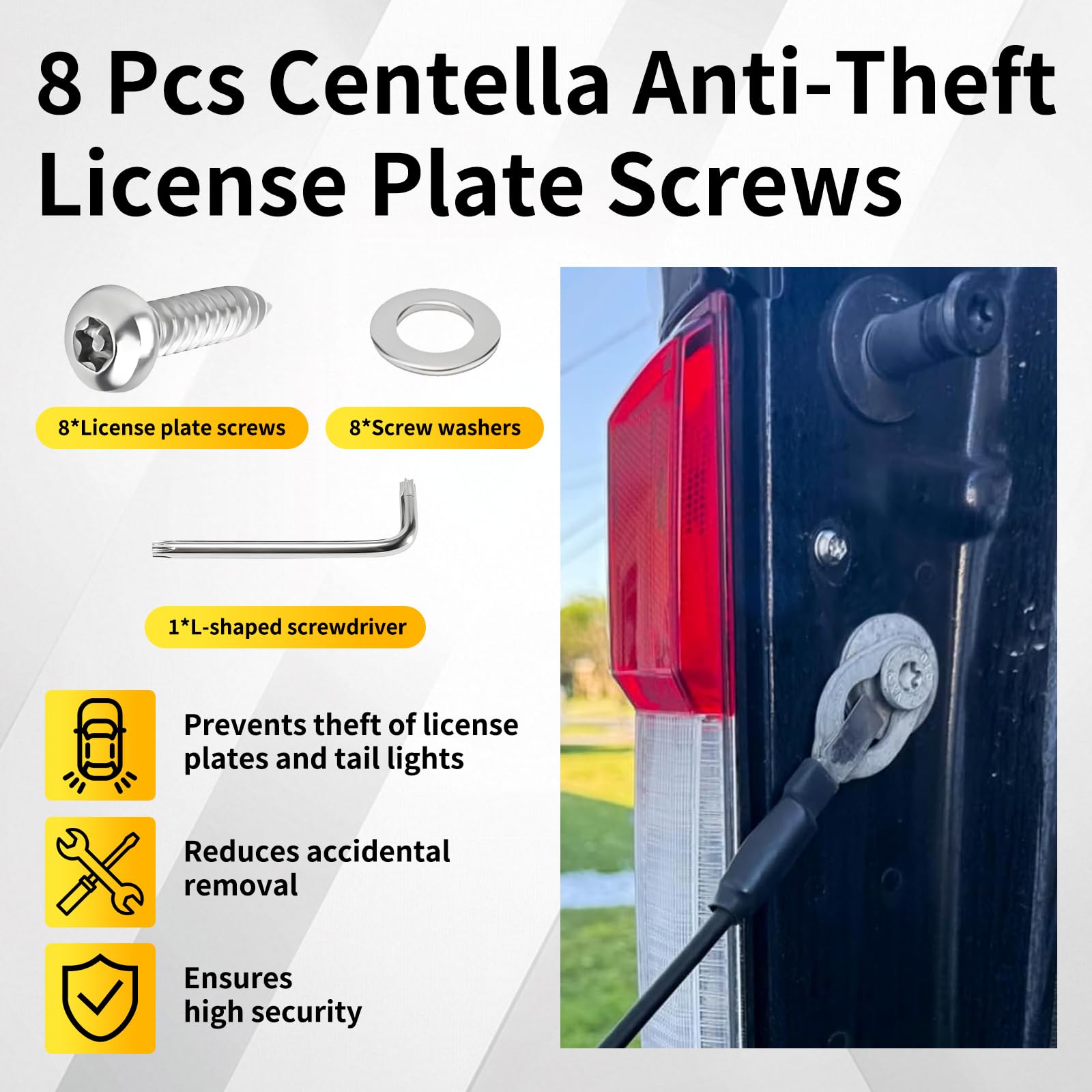 HAVANSIDY 8 Pcs Anti-Theft License Plate Screws for Centella, Tail Light Security Fasteners for F150 F250 F350 F450 Raptor 2004-2024, Tamper-Proof Tail Light Screws Bolts Protective Hardware Kit