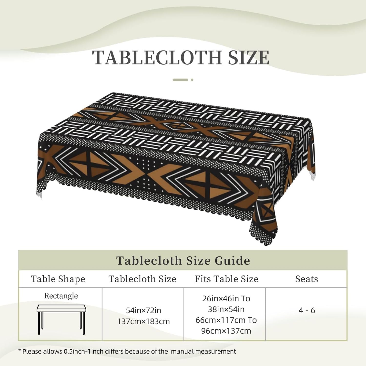 African Bogolan Rectangular Tablecloth, Mud Cloth Pattern 54x72 Inch Wavy Lace Border Polyester Table Cloth for Dining, Kitchen, Parties