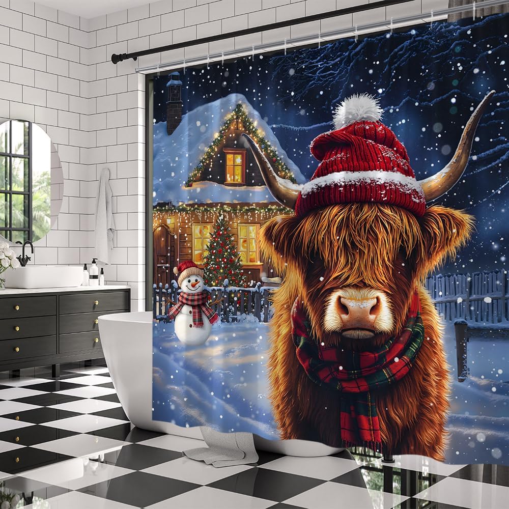 Christmas Highland Cow Shower Curtain Farmhouse Funny Western Cattle with Hat Snowman Xmas Tree Rustic Cabin Winter Snow Snowflake Natural Scene Fabric Bathroom Decor Curtains with Hooks,70 x 82