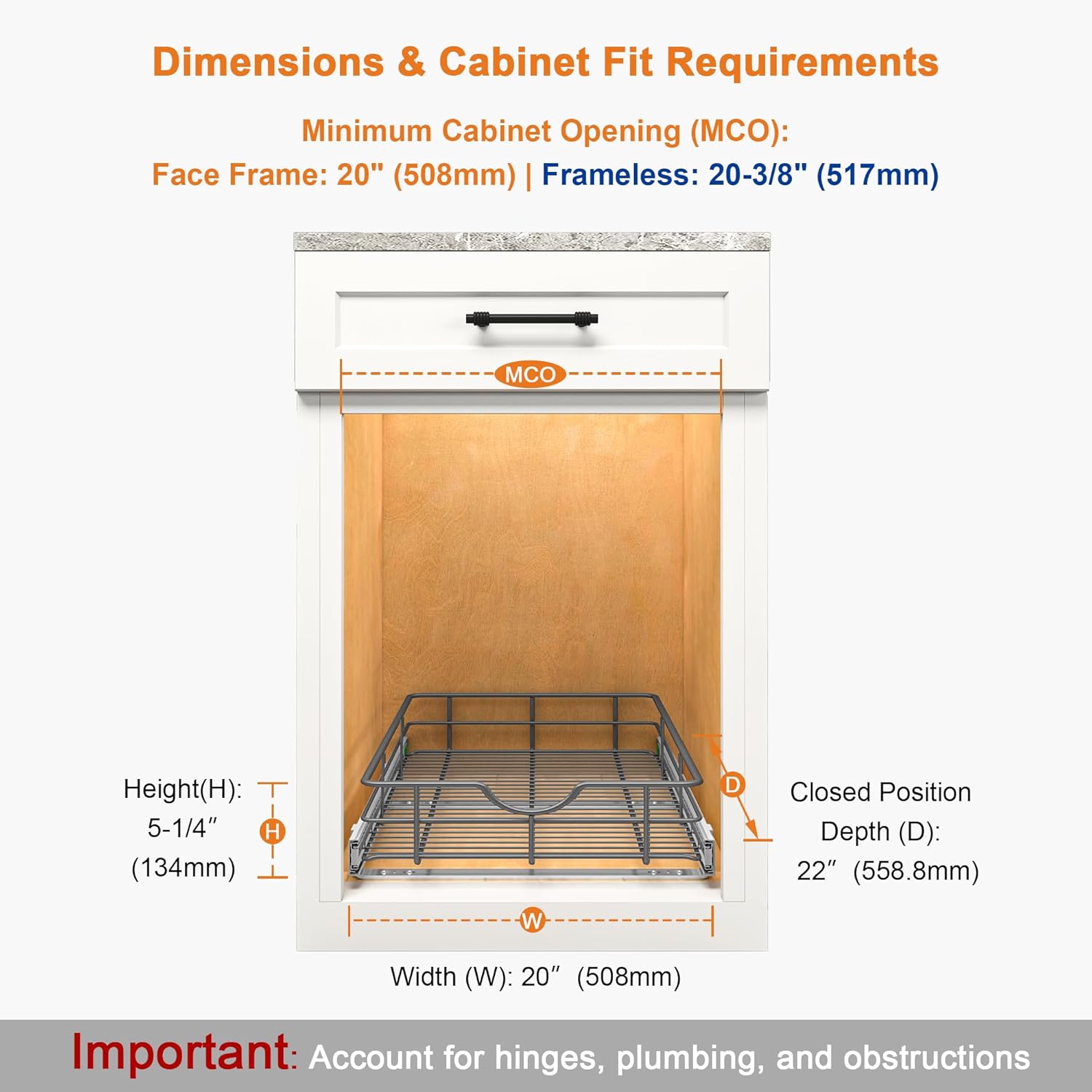 ALINE FURNITURE Pull Out Shelves - 20" W x 22" D Soft Close Pull Out Cabinet Organizer 1 Tier - Slide Out Drawers with Shelf Liner, Heavy Duty Steel Wire Baskets for Kitchen Cabinets, Pantry, Bathroom 20" W x 22" D One-Tier