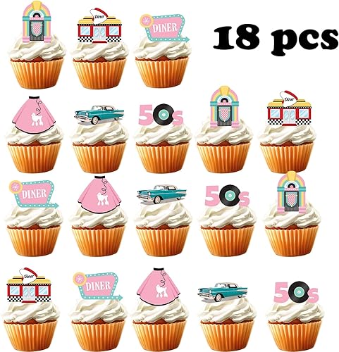 Miniatura 5 de 18 piezas de decoración de cupcakes de discoteca de los años 50 para niños y adultos, jukebox de los años 50, Dinero de soda, Shoppe Rock and Roll
