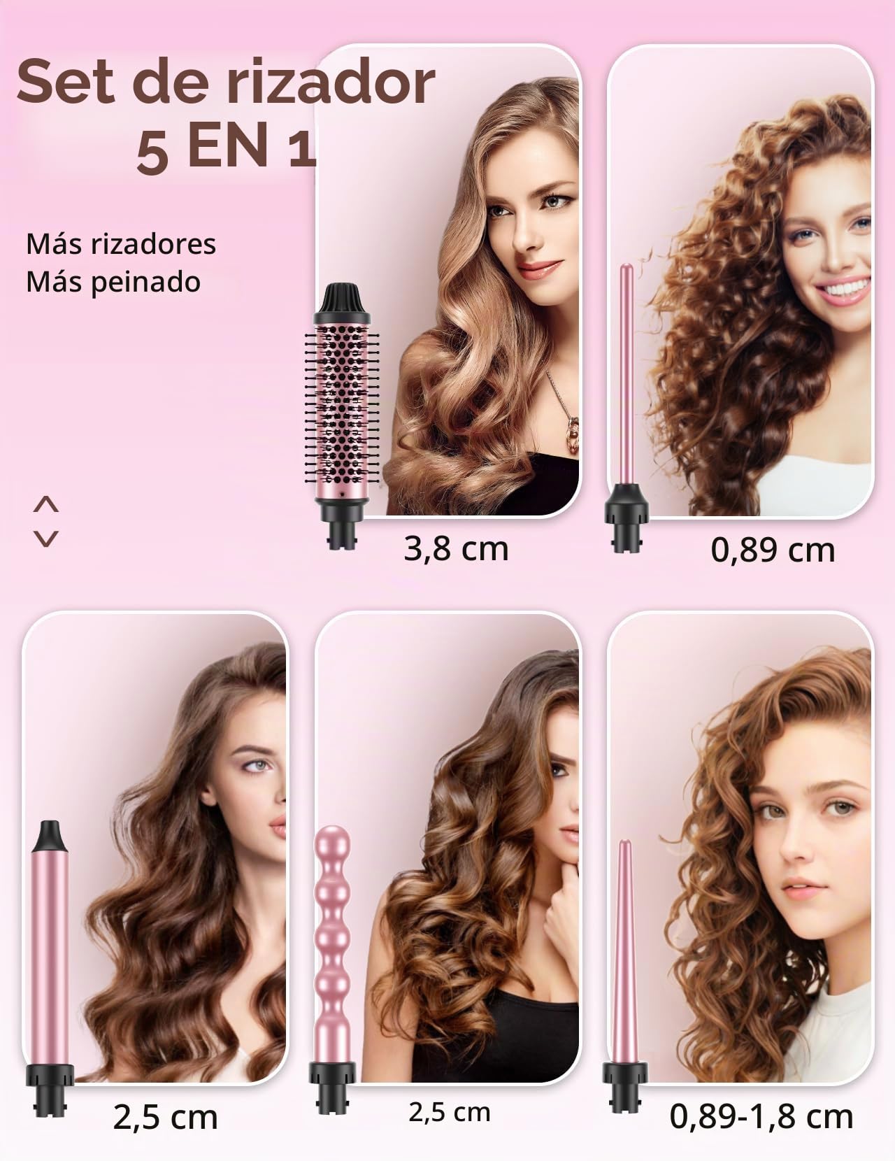 LANDOT Rizador Pelo Ondas 5 en 1 Set para Rizos de Playa y Ondas Naturales con Barras Intercambiables de Cerámica Cepillo Térmico y Estera de Silicona Resistente al Calor