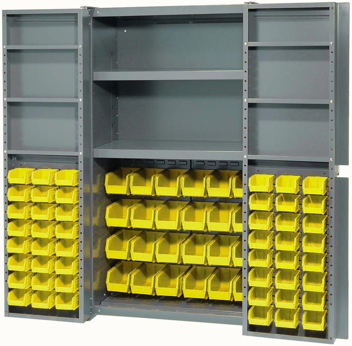 Global Industrial Deep Door Bin Cabinet, Includes 72 Yellow Plastic Bins, Padlockable Steel Cabinet, 38" W x 24" D x 72" H, for Tool and Parts Storage, Assembly Required