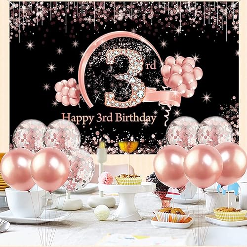 Miniatura 4 de Cartel de tela para decoración de cumpleaños de 3 años para niñas de 3 años, cartel de tela para cumpleaños de niña, fondo fotográfico negro y rosa,