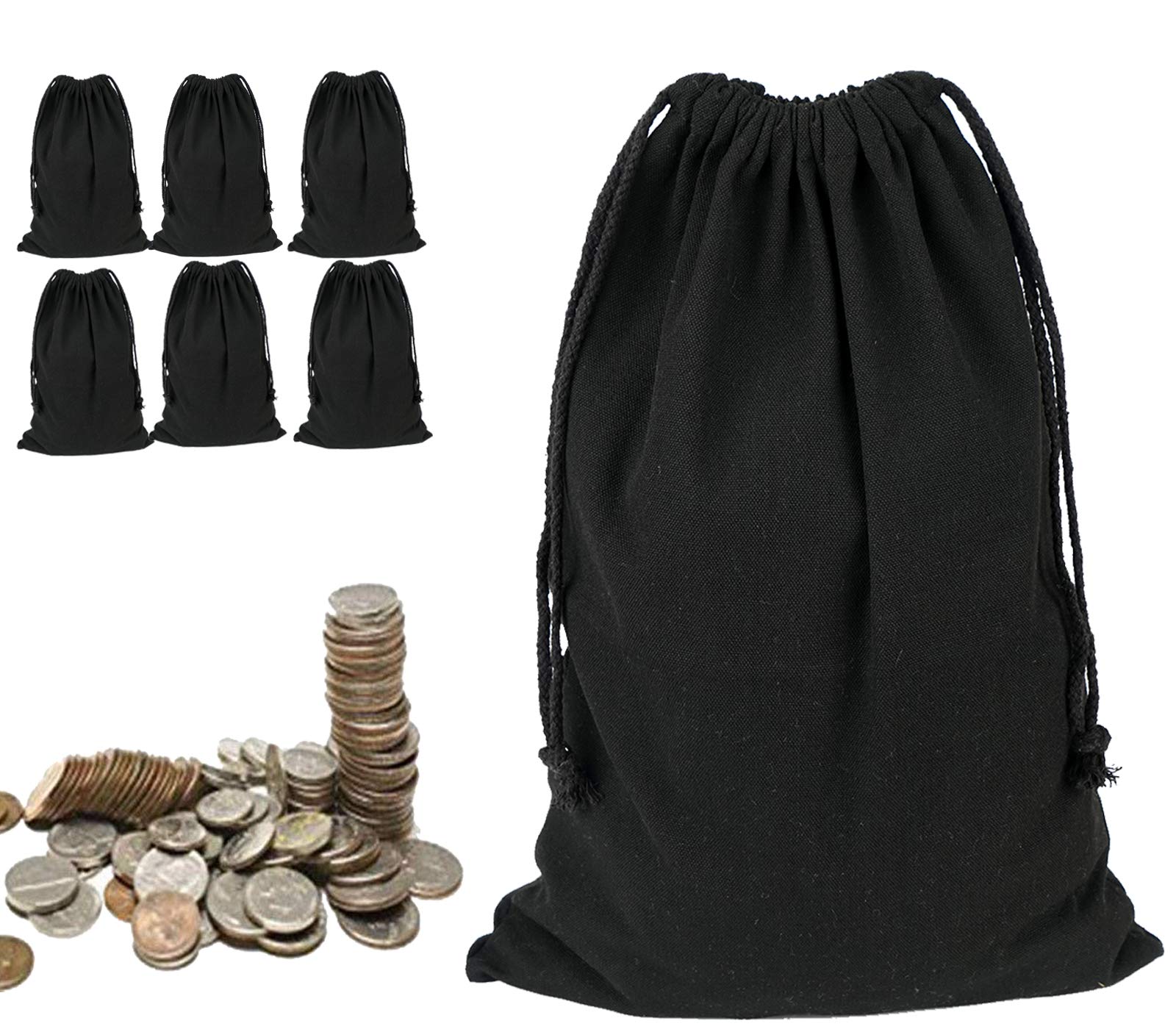 Lanyani 6 Packs Bank Coin Money Cash Bag Sacks, 12" x 17" Canvas Deposit Change Transit Bags with Drawstring, Heavy Duty, Black