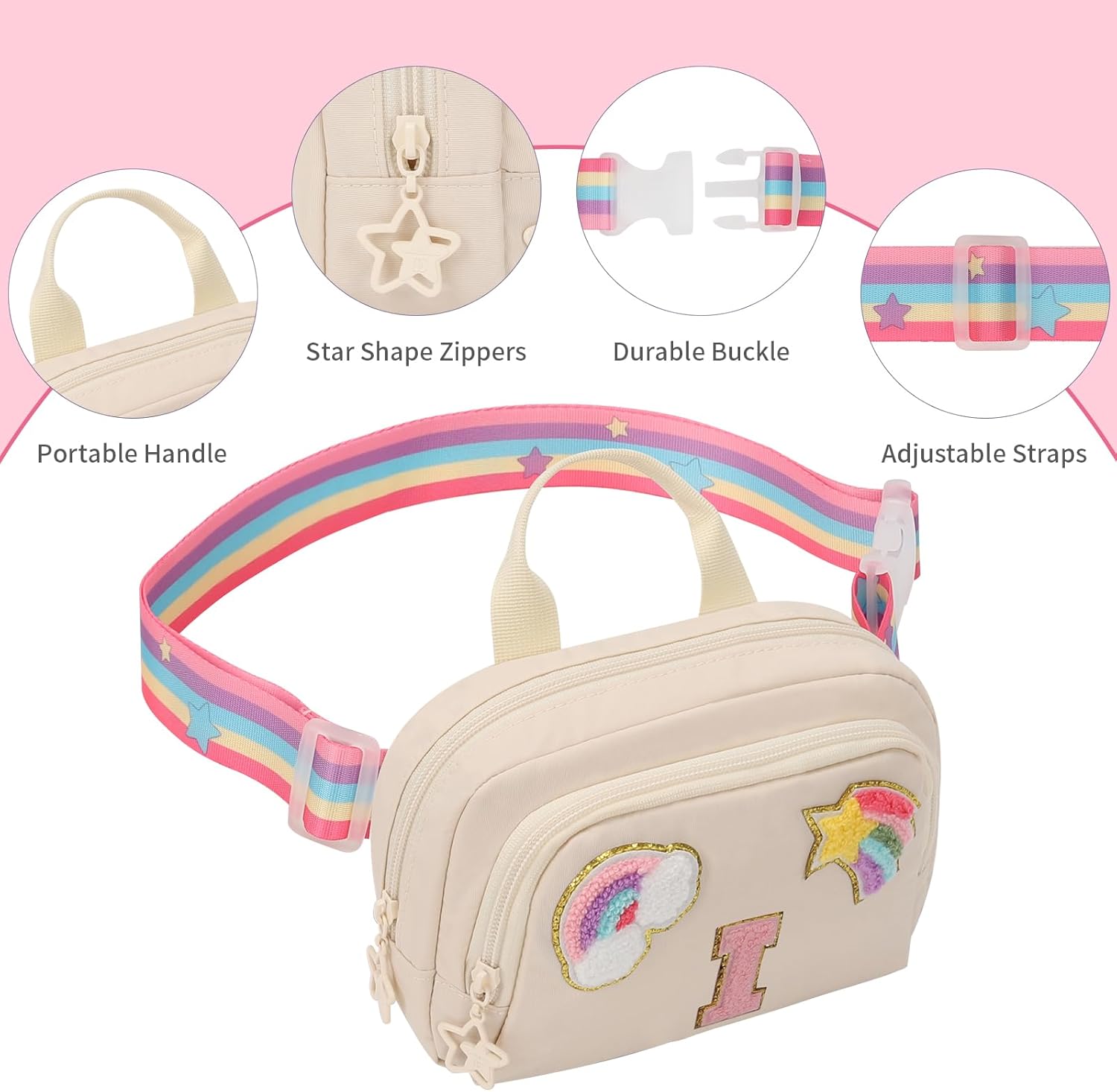 Fanny Pack for Girls, Cute Crossbody Bag for Kids Teens Belt Bag Waist Bag With 2 Compartments Trendy Stuff Graduation Birthday Gifts for 4 5 6 7 8 9 10 11 12 13 Years Old Beige Initial I - Image 6