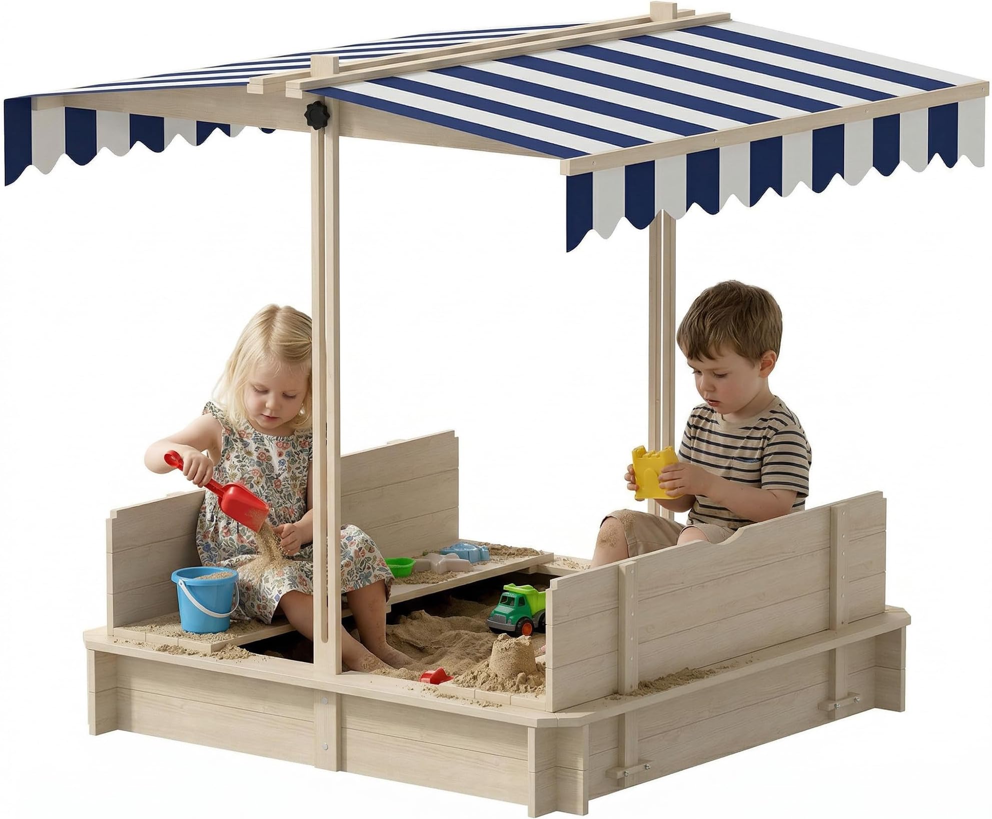 Outsunny Kids Wooden Sand Pit with Lids, Children Sandbox Height Adjustable Canopy for Garden, Convertible Bench Outdoor Garden Playset, Blue and White Canopy