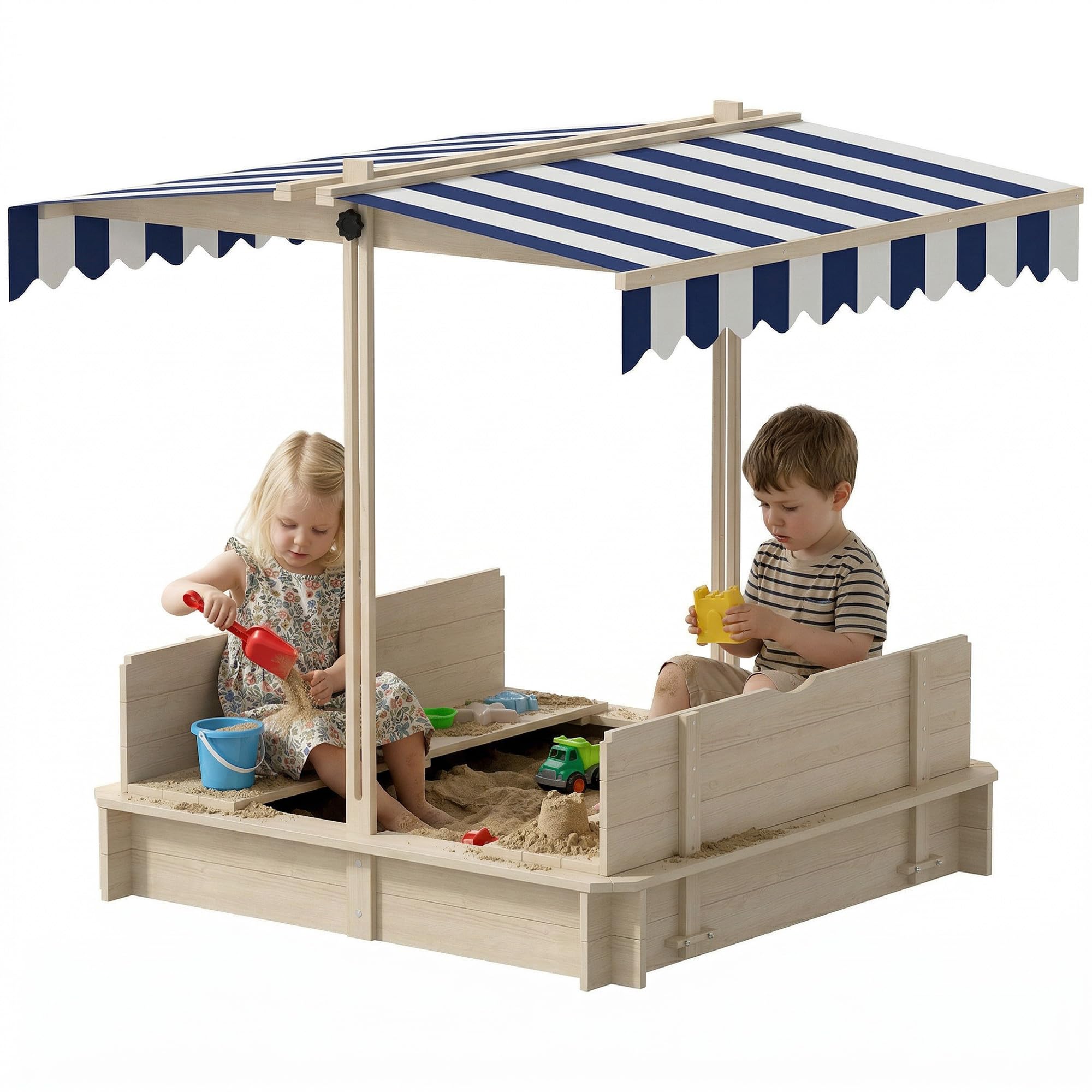 Outsunny Kids Sand Pit Bench Adjustable Canopy Lids - Natural