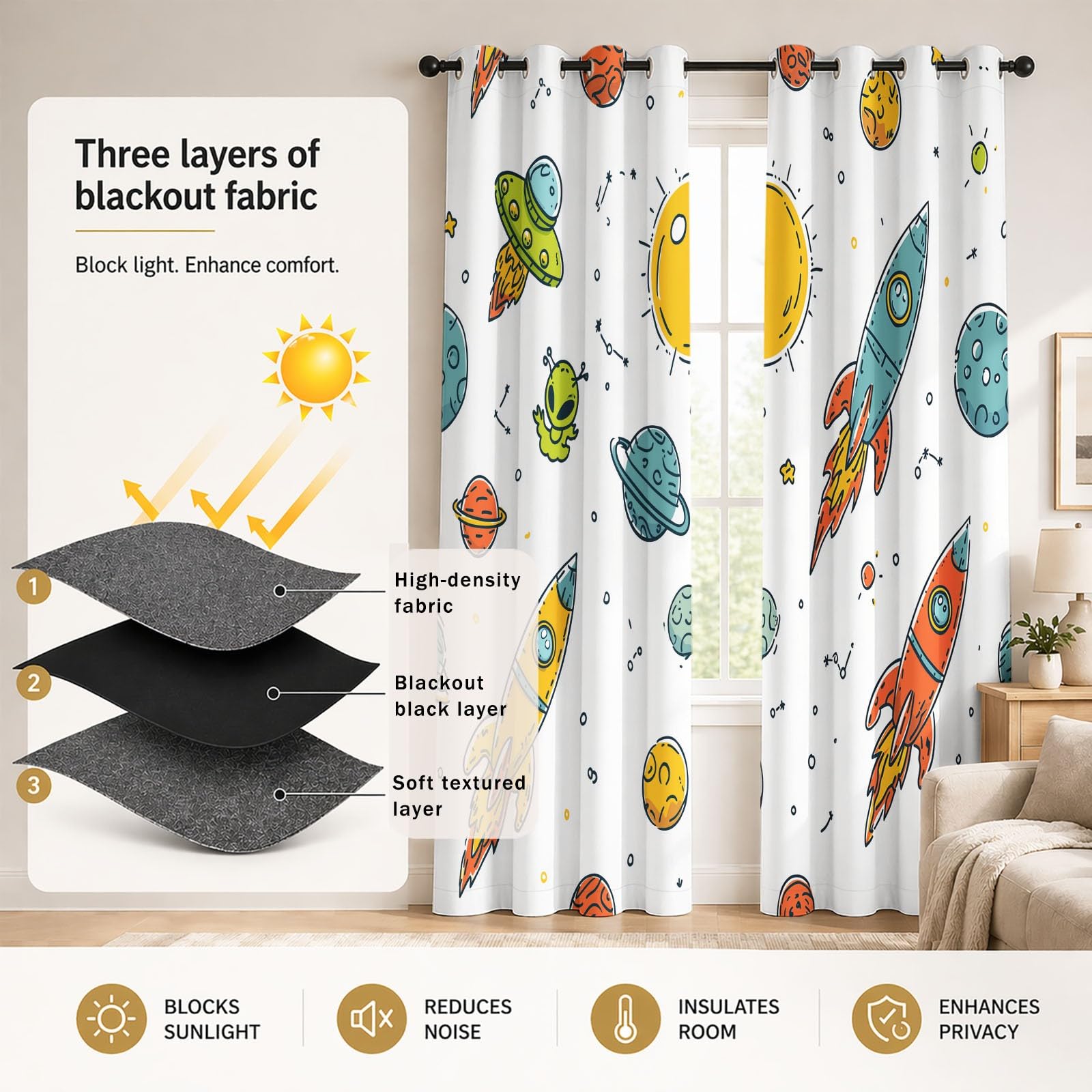 Space Kids Cortinas 95% opacas para oscurecer la habitación, con cohete alienígena, sol, estrellas, universo, tema espacial infantil, cortinas de ventana con aislamiento térmico para dormitorio, 52 x