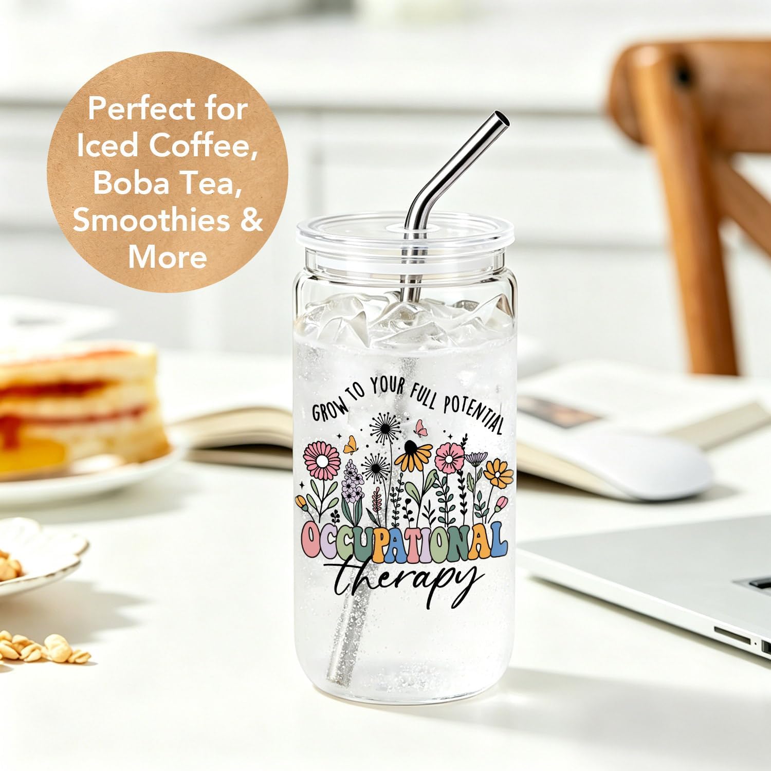 Occupational Therapy Gifts for Women OT Therapist 16Oz Glass Cups with Lids & Straws, Wildflower Inspirational Coffee Cup, Graduation Thank You Birthday Appreciation Gifts for OT Assistant Counselor
