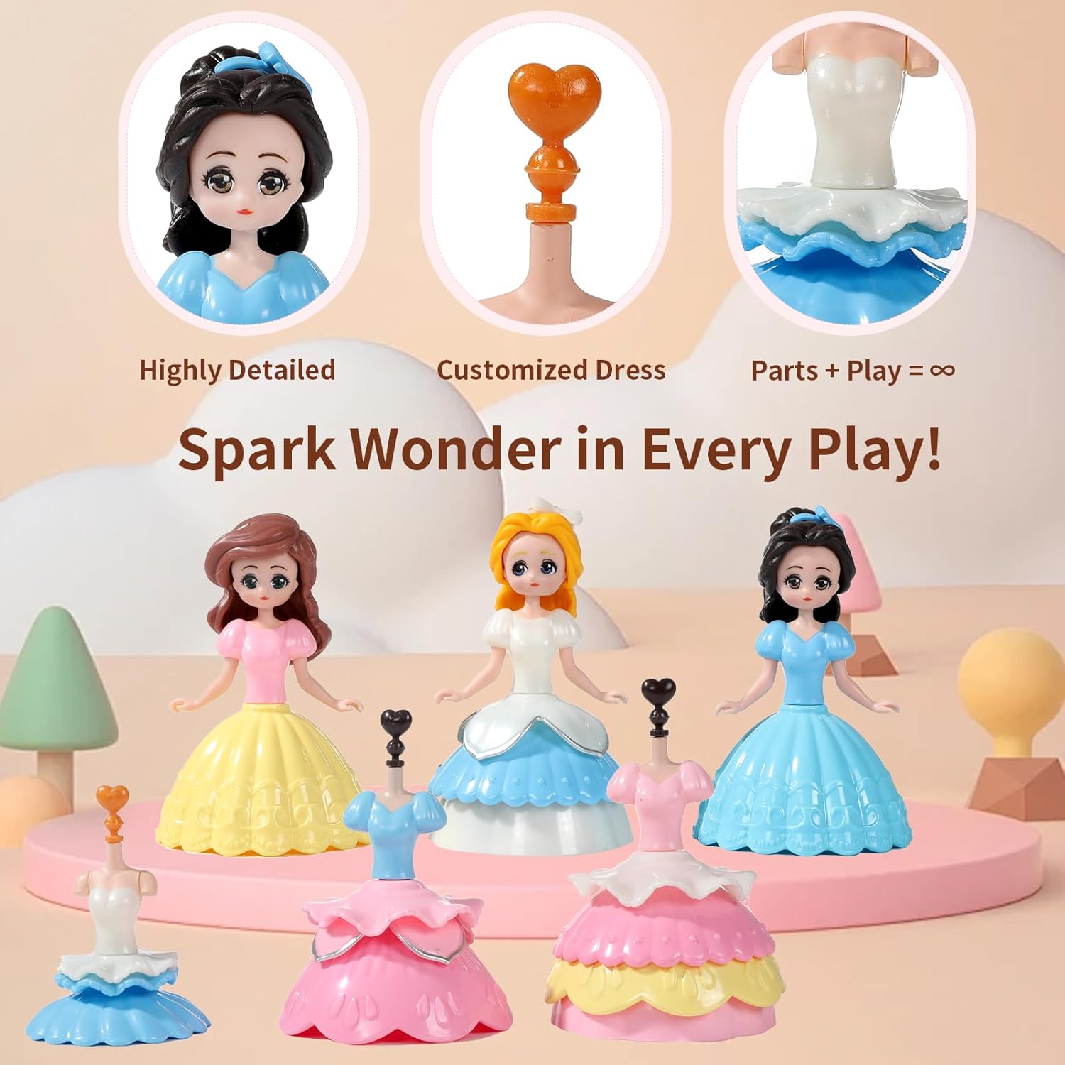 Princess Toys for Girls— Mini Princess Figurines 32 Pieces Accessories, Interactive Toy Figures, Girls Imaginative Pretend Play Small Dolls Toy for Kids 3 Years Old and Up