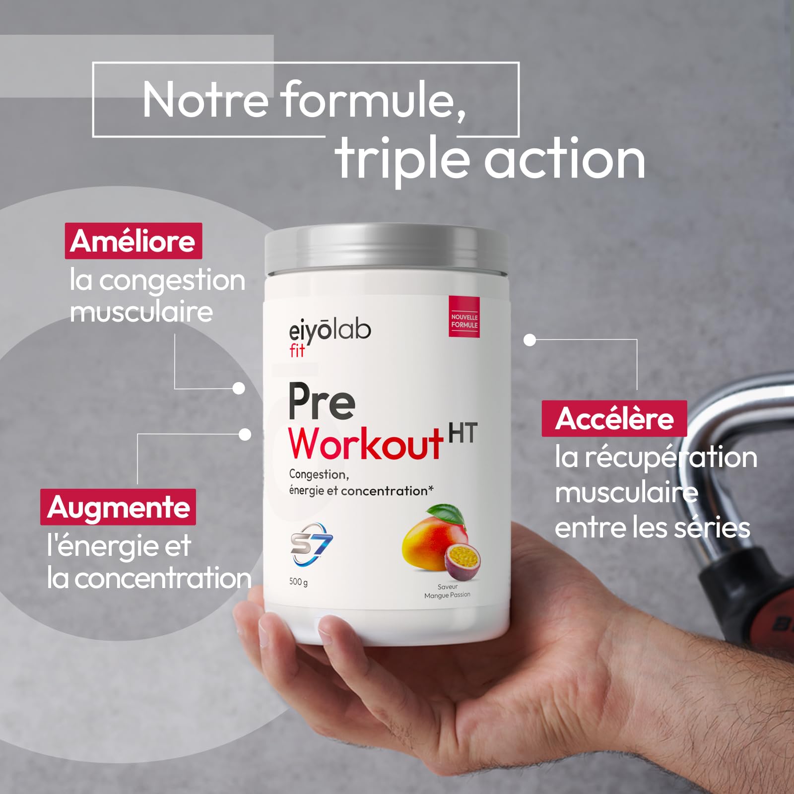 PRE WORKOUT HT | Booster Musculation sans Créatine | 3g de Bêta-Alanine + 3g d'Arginine + 4g de Citrulline + 200mg de Caféine + S7 | Énergie + Congestion Musculaire | 500g | Mangue Passion | Eiyolab