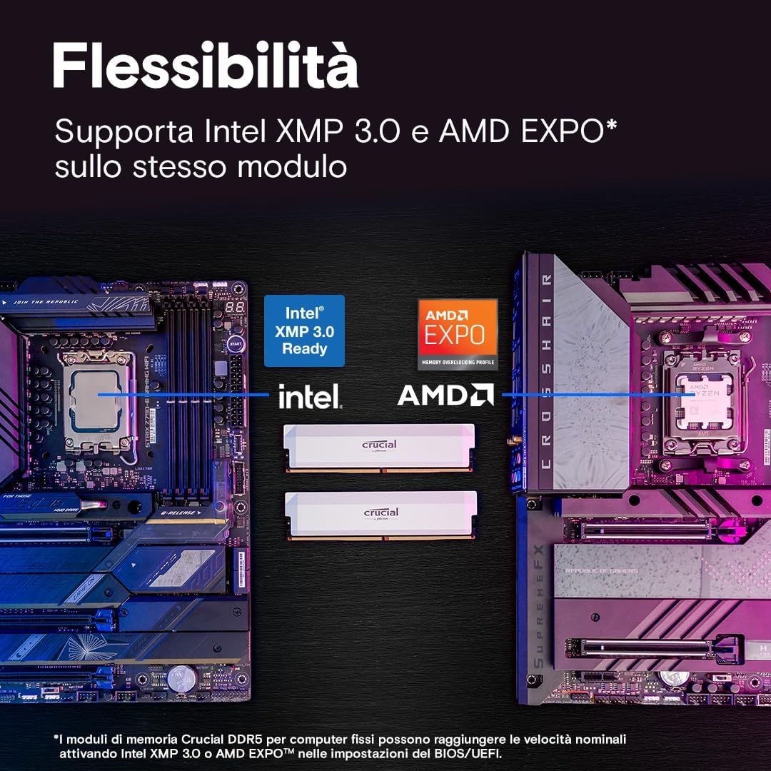 Crucial Pro RAM DDR5 32GB Kit (2x16GB) 6000MHz CL36, Memoria Overclocking Gaming, Intel XMP 3.0 / AMD EXPO, Memoria PC RAM DDR5 32GB, Bianco - CP2K16G60C36U5W 6000MHz Overclocking 32GB (2x16GB) Bianco - Immagine 4