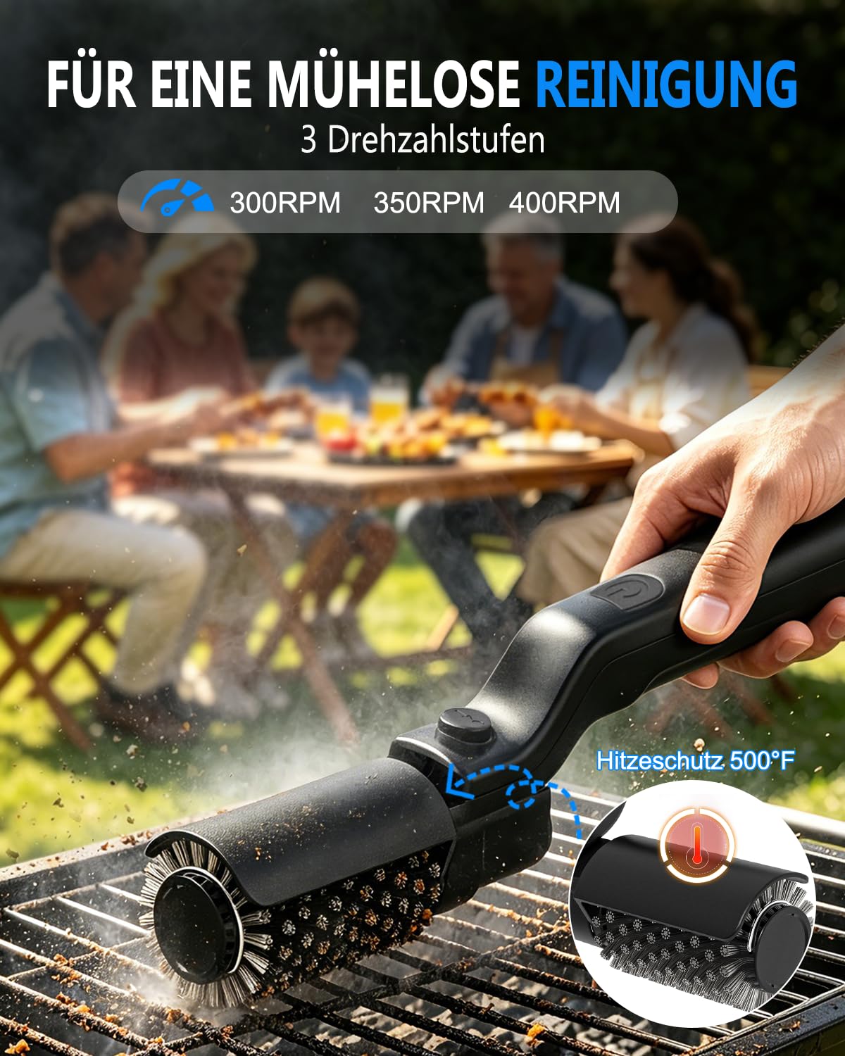 Spazzola elettrica per barbecue, angolo regolabile a 180°, ricaricabile, 3 livelli di pulizia, 90 minuti di autonomia, testina sostituibile in acciaio inox per griglia, USB-C