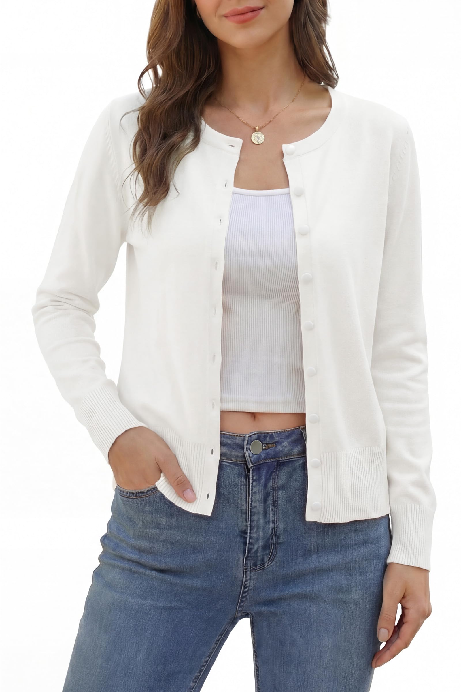 VOTEPRETTY Strickjacke Damen Leichte Cardigan Sommer Kurz Rundhals Strickjacken Langarm Strickmantel mit Knöpfe