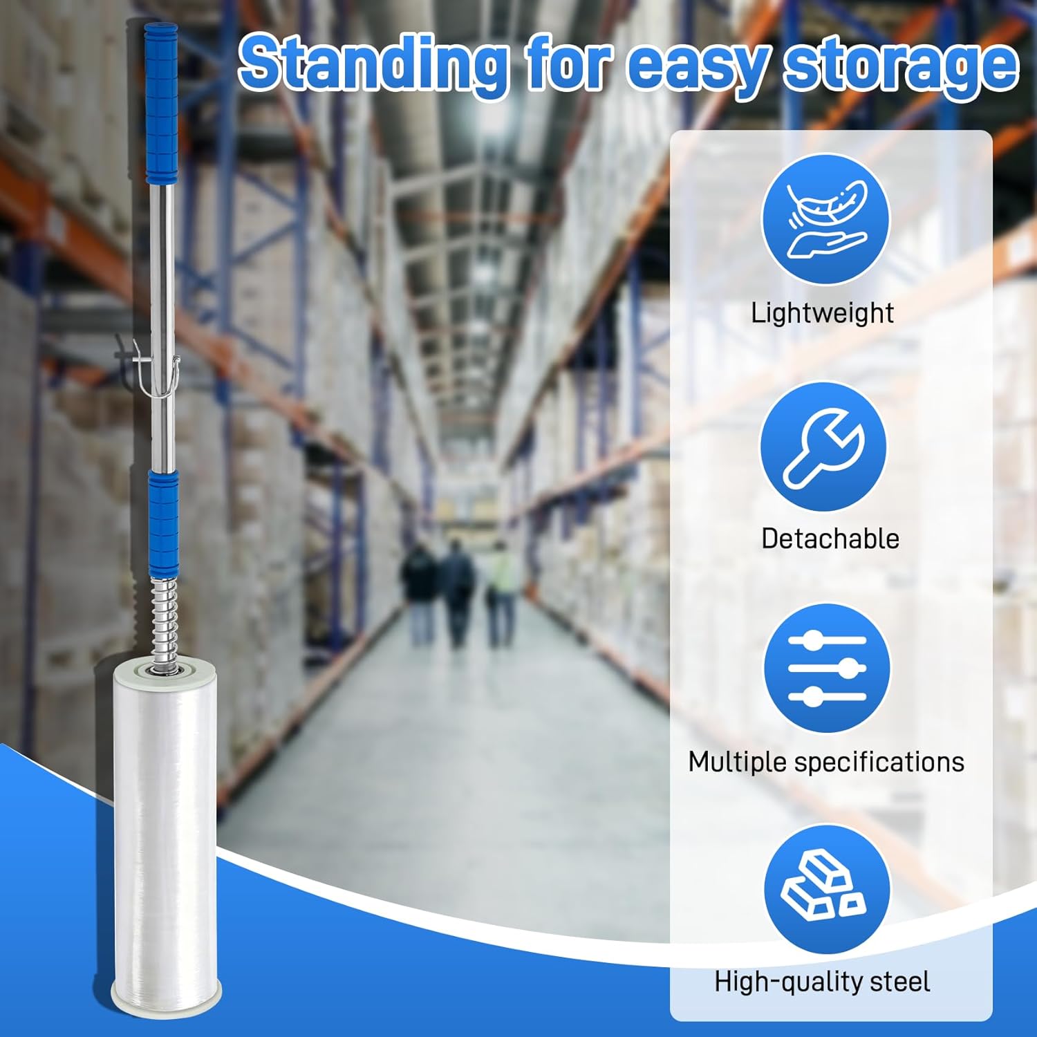 Heavy Duty Stretch Film Dispenser Pole Holder - 48 Inch Extra Long Handle for Pallet Wrapping - Fits 12" to 24" Rolls with 2" to 3" Core - Industrial Grade Stretch Wrap Dispenser