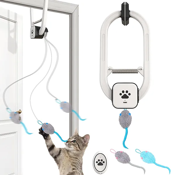 Kezlume Cat Toy, Upgraded Smart Interactive Cat Toys with Remote Control, USB Rechargeable Door Hanging Retractable Kitten Toy for Self Play, Teaser Electronic Feather Cat String with 3 Plush Mice
