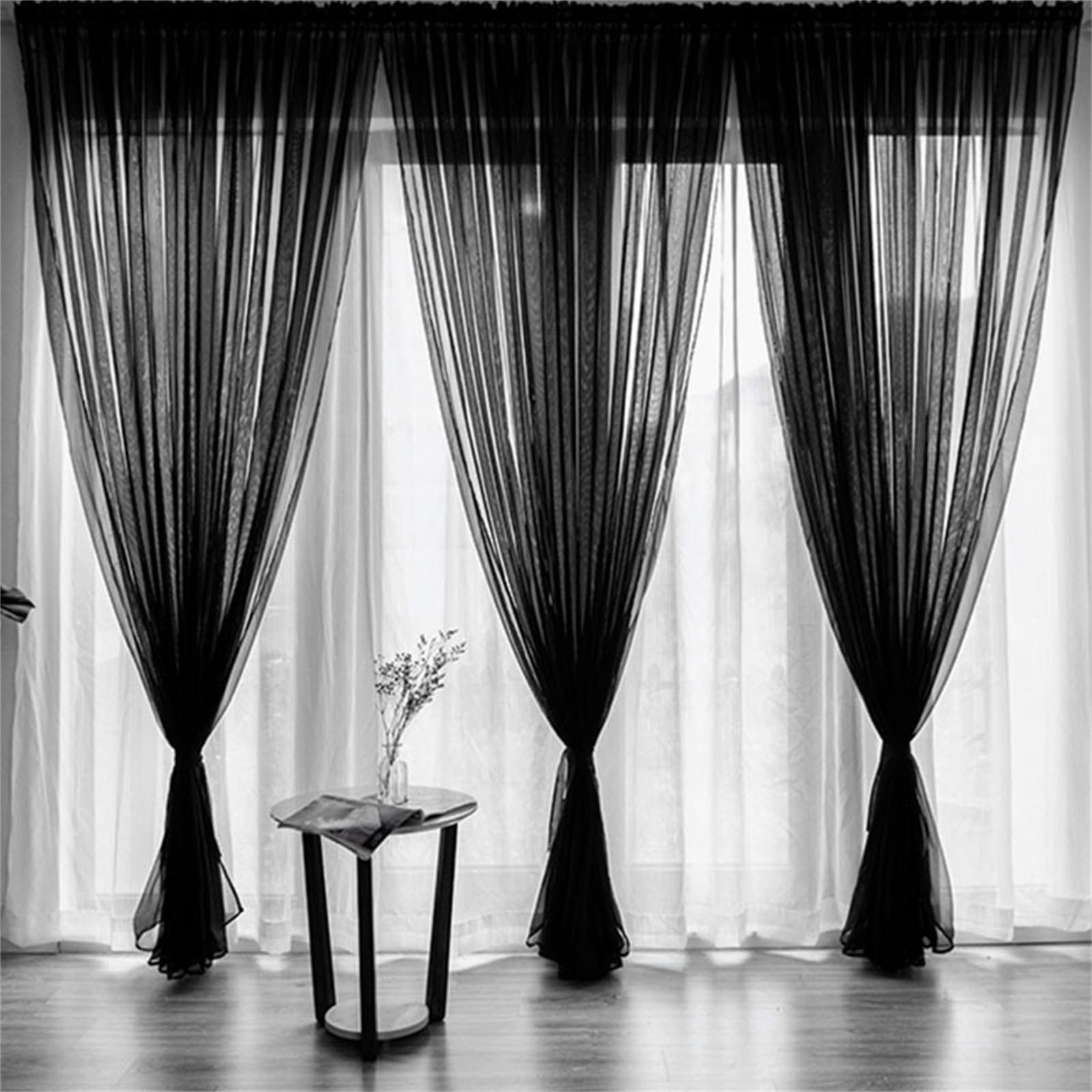 Odot Cortinas Ventanas Translucidas Blanco, Cortinas Salon 2 Piezas Ventana Rod Bolsillo Visillo Dormitorio para Habitacion Terraza Comedor Cocina (Negro,100x270cm)