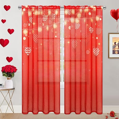 FRAMICS Cortinas traslúcidas para el día de San Valentín para sala de estar, cortinas de gasa roja transparentes de 84 pulgadas de largo, juego de 2