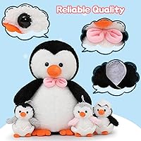 Vista 4 de Peluche de pingüino de 16.5 pulgadas con 3 pingüinos bebés, regalos de pingüinos para niños, mujeres, niñas, niños, mini pingüinos, juguete