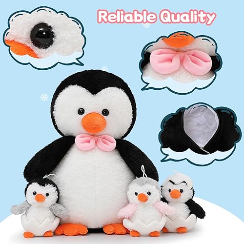 Miniatura 4 de Peluche de pingüino de 16.5 pulgadas con 3 pingüinos bebés, regalos de pingüinos para niños, mujeres, niñas, niños, mini pingüinos, juguete