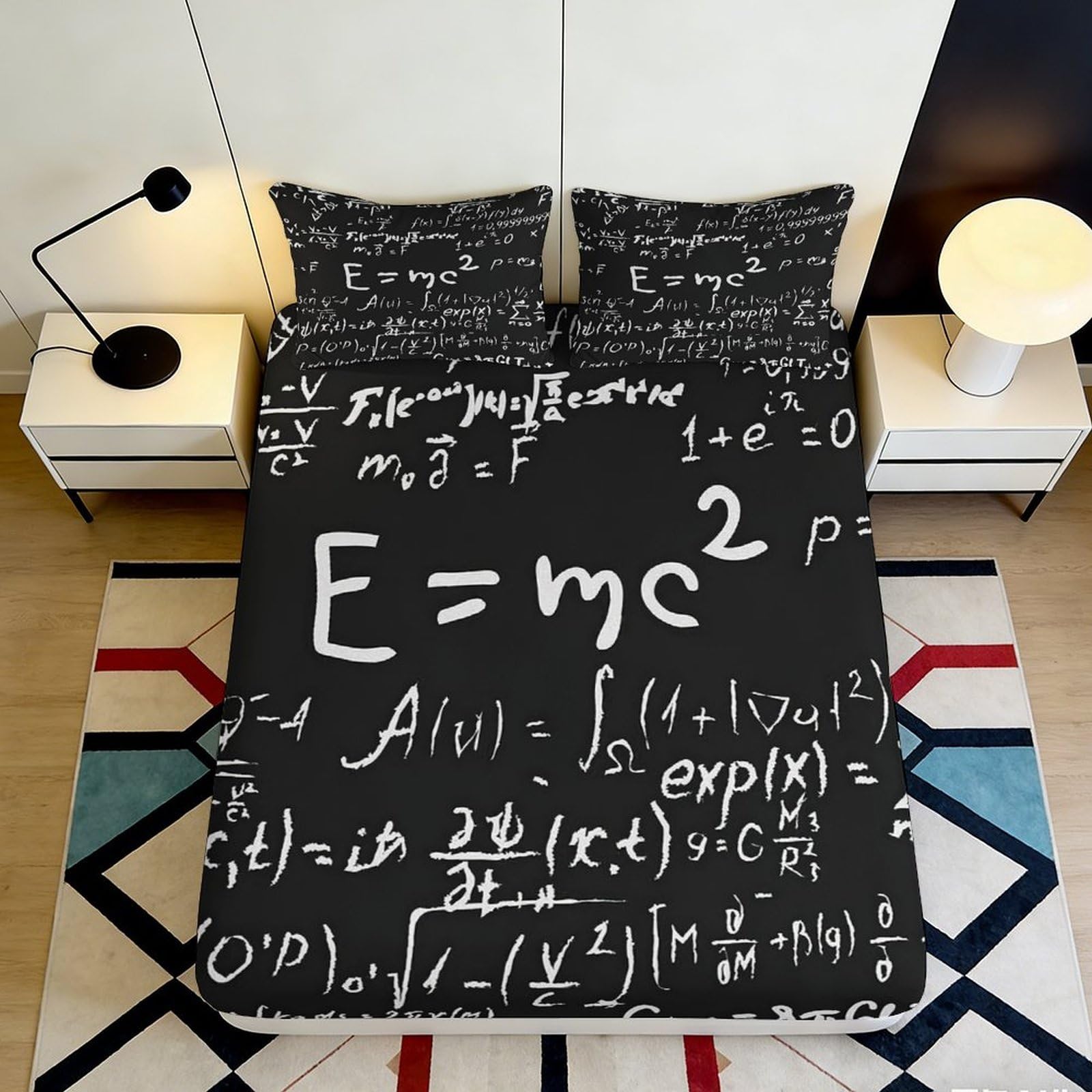3D Printed Formula Chalkboard Fitted Sheet Microfiber Black Science Math Pattern Mattress Cover Bedroom Decor 90x200x25cm
